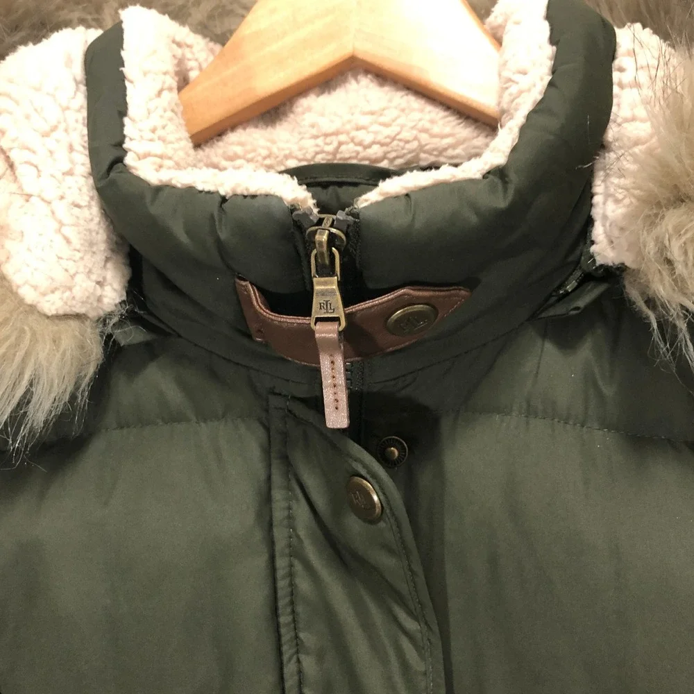 Lauren Ralph Lauren Womens Olive Green Quilted Puffer Parka Faux‎ Fur Hood Small